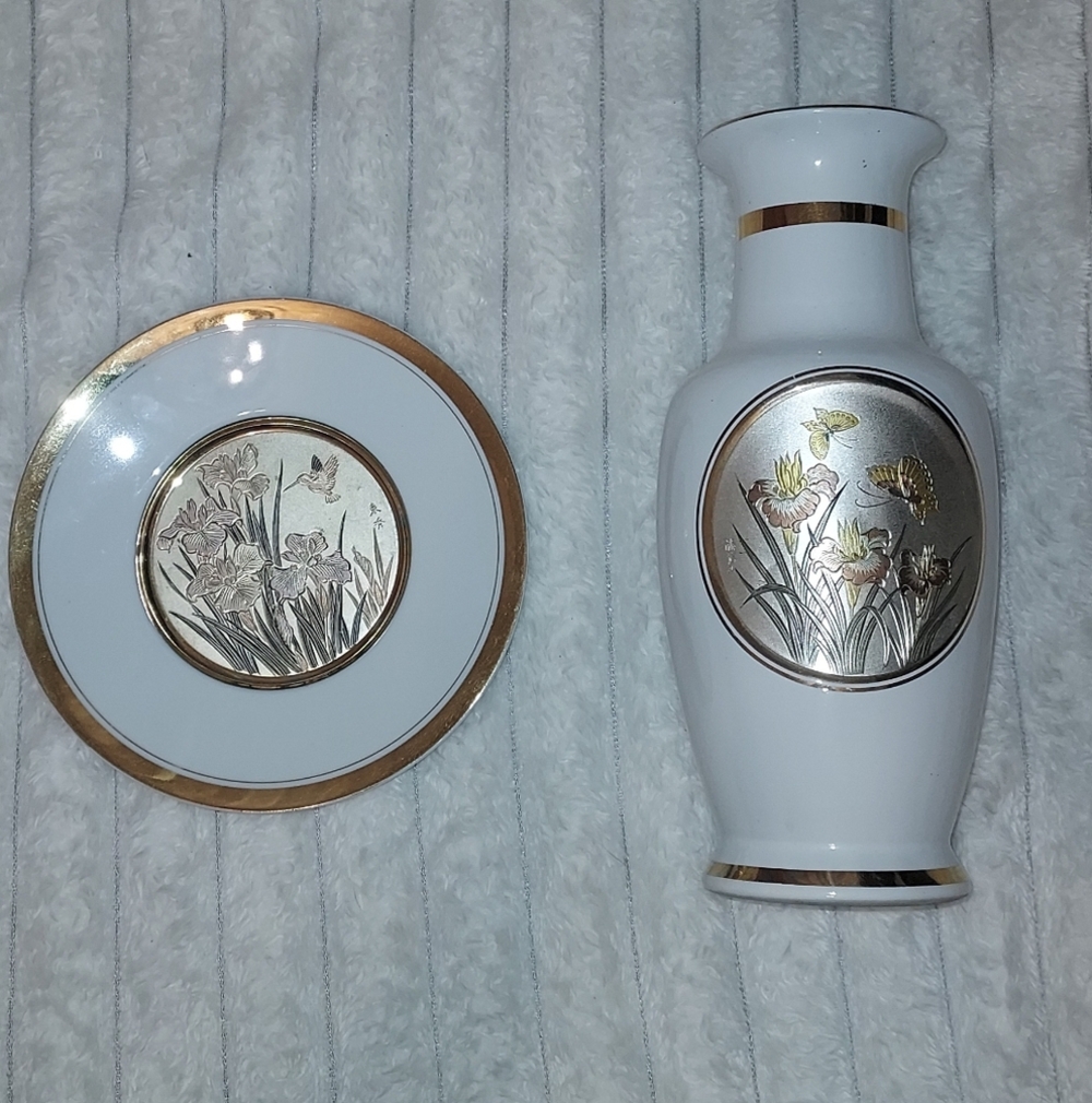 Art Of Chokin Japenese Vase And Plate Vintage Decor Set